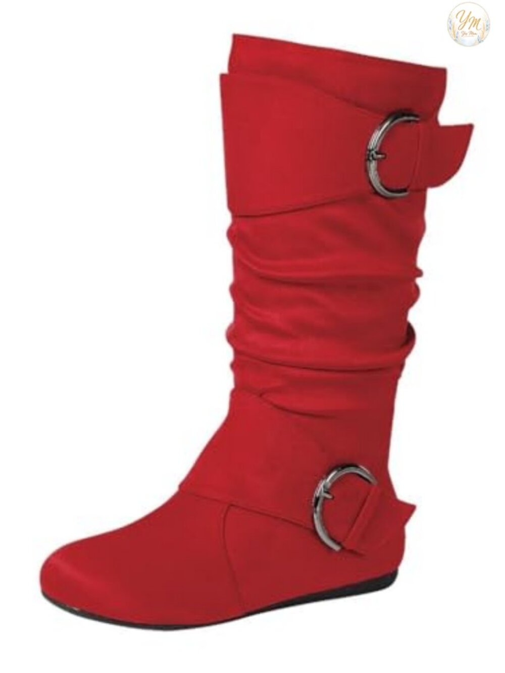 Faux Suede Faux Leather Mid-Calf Buckle Slouch Boots with Inner Zip Flat Heel
